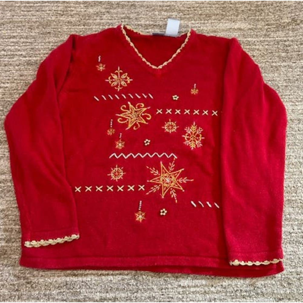 Holiday Editions Red with Gold Snow Flakes Christmas Sweater Size XL